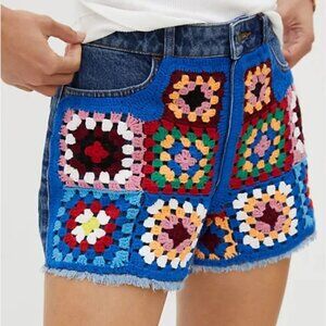 Farm Rio Anthropologie Multicolor High Rise High Waist Crochet Denim Shorts 28